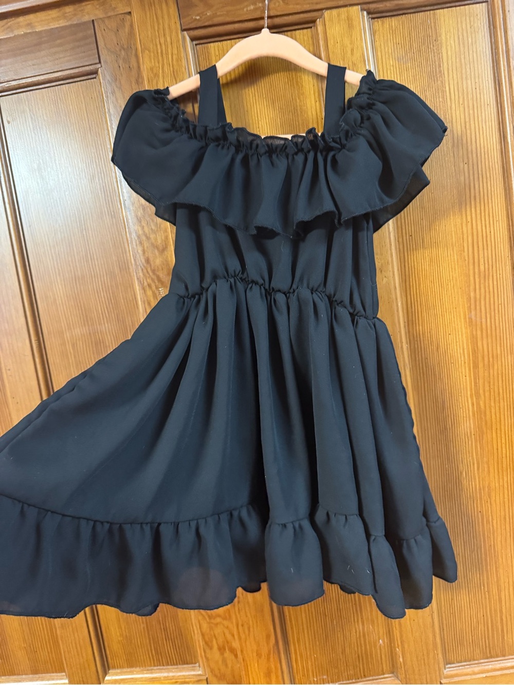 Girls Black Ruffle Off-Shoulder Dress